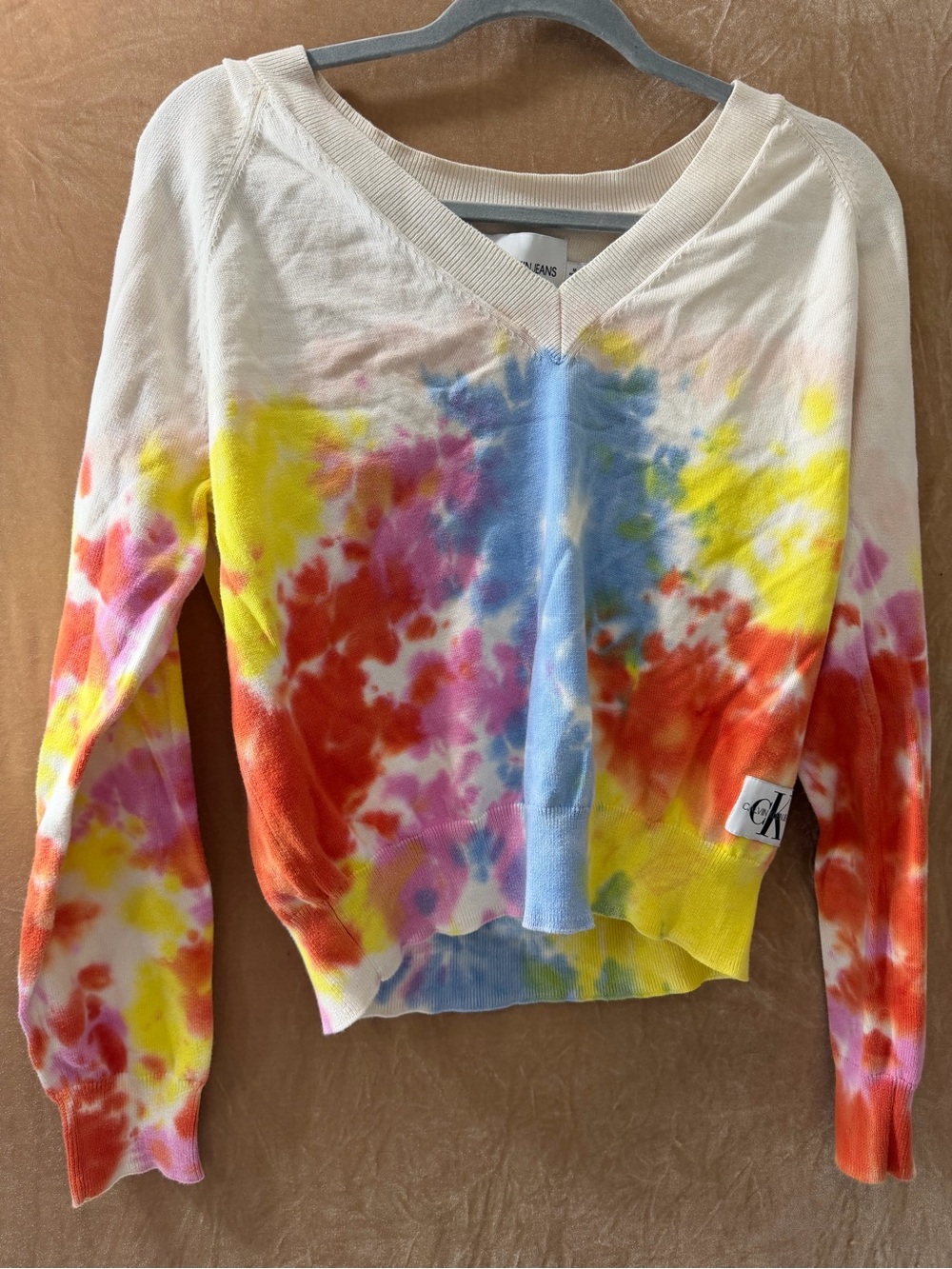 Calvin Klein Tie-Dye V-Neck Sweater - Yellow, Blue, Red, Pink, Orange